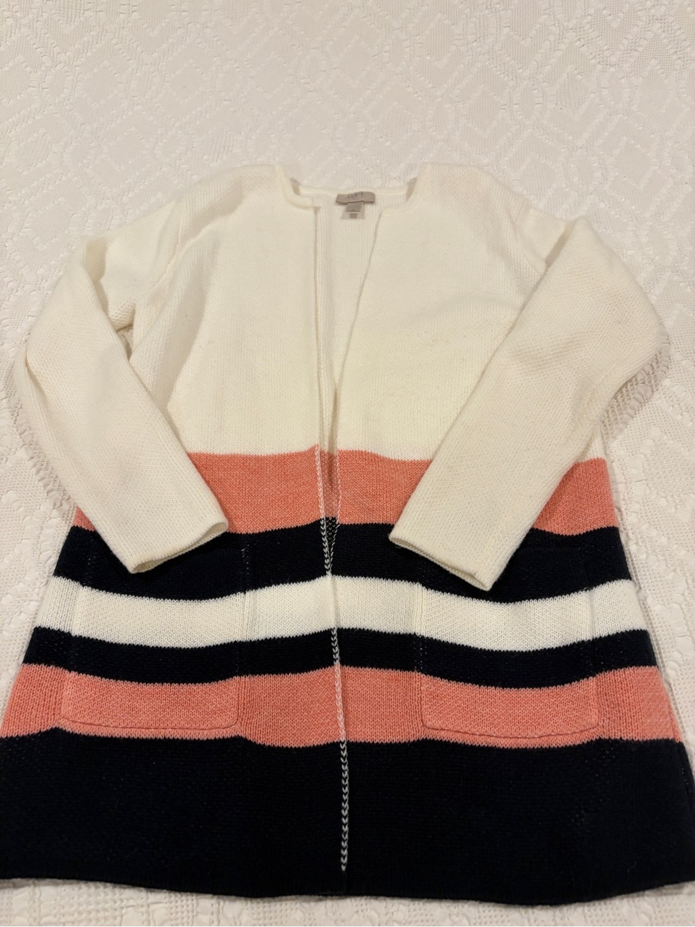LOFT Cream, Coral & Black Striped Open Cardigan